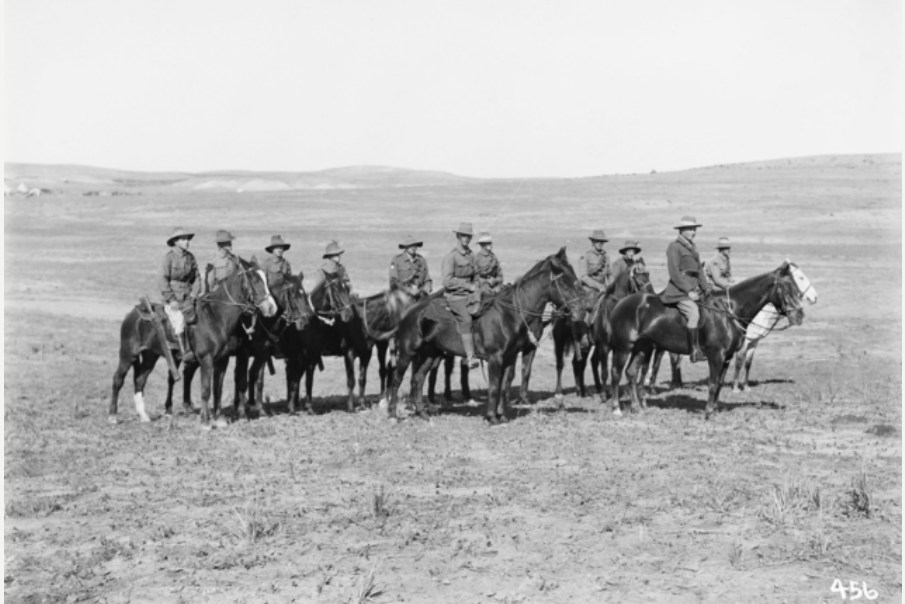 'Mobile 'Vets' of the 2nd Australian Light Horse Brigade. The eleven veterinarians are mounted on their horses with Captain Woods, Brigade Veterinary Officer, second from right. Nevember 1918. Rishon, Palestine.' AWM