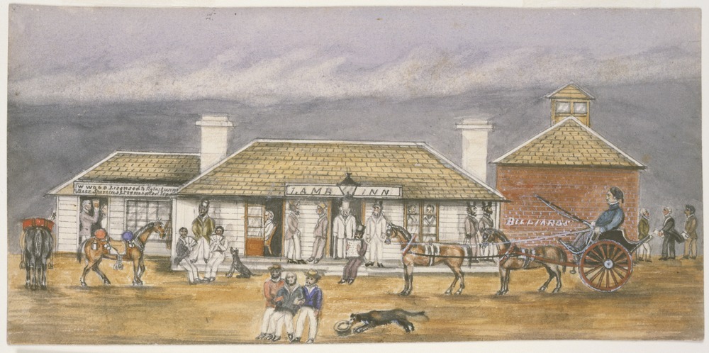 The Lamb Inn, Collins Street, 1871. In this inn - which then was only the centre building - John Bourke was treated to a champagne lunch before leaving on the first mail trip. The Melbourne post office then, in 1839, was a small shanty nearby.