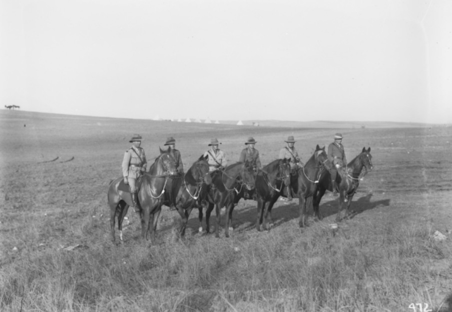 'A group of officers of the 6th Australian Light Horse Regiment. Identified from left to right: Colonel Colin Dunmore Fuller DSO, Commanding Officer (left) on Illawarra; Major Stuart Archibald Tooth on Dipso; Captain Mackenzie; Captain Abbott; Chaplain Captain Mailley [sp?]; Captain Ernest Nonus Wood, AVC on Cluney [?Clunie]. November 1918. Rishon, Palestine.' AWM