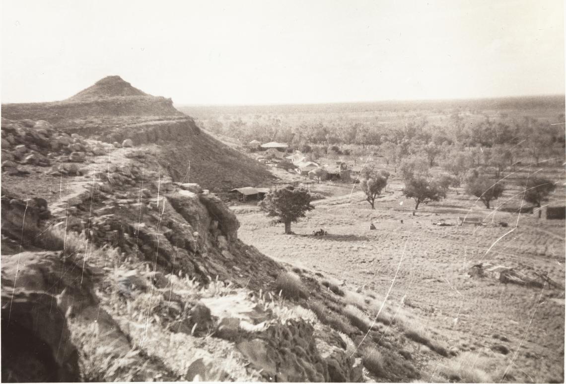 Looking west towards the billabong from a rocky outcrop near the homestead at Gogo Station c1957, State Library of W.A.