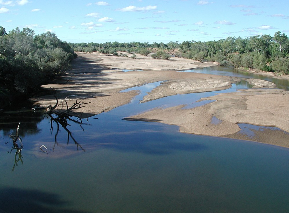 The Fitzroy River at Fitzroy Crossing, not far from Gogo station which the river flows through. Photo by Zamphuor, via Wikipedia.