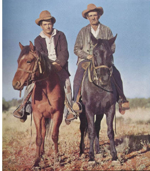 front cover of Walkabout magazine, Vol. 28 No. 6 (1 June 1962). Caption inside reads "Boss Drover Rube Stevenson, and one of his men photographed by Jeff Carter while droving sheep to Bourke N.S.W. via Milparinka and Tibooburra, a 700-mile journey which took them over four months to complete."