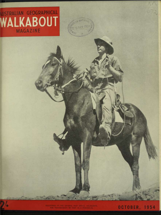 Front cover of Walkabout magazine, October 1954. Photo simply titled "The Drover."