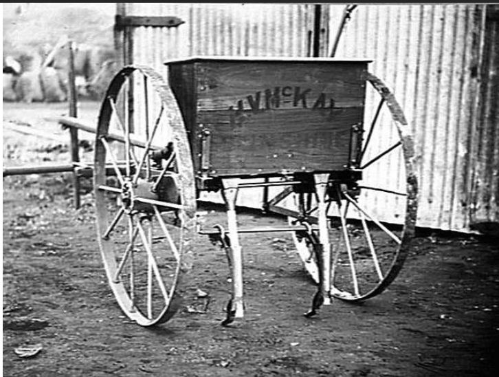 'Early horse-drawn H.V. McKay 2-row fertilizer drill, for use in vineyards.' Museums Vic