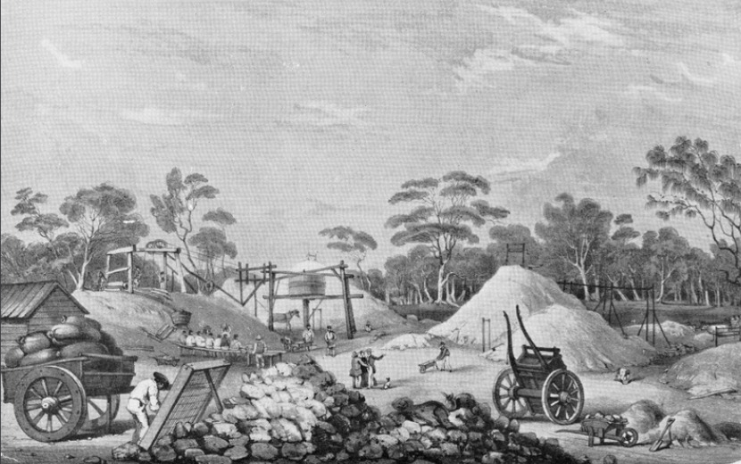 'Mine workings at Kapunda showing men at work, others having a break. The newly installed horse whim can be seen in the background.... [On back of photograph] 'Kapunda Copper Mine / March 1845 / from a lithograph by George French Angas. State Library S.A.