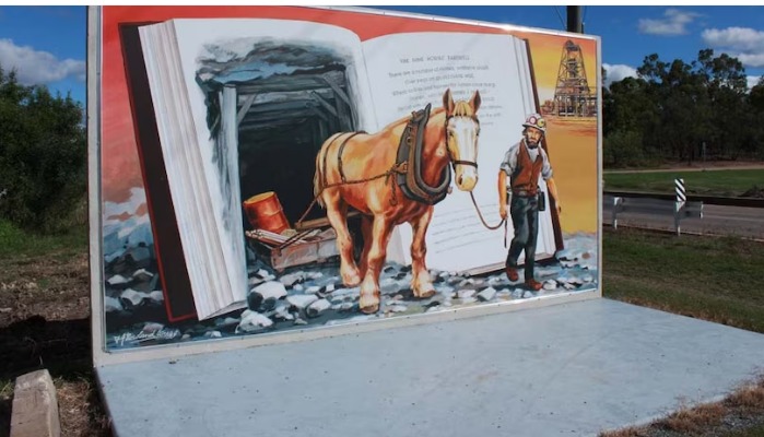 ABC News photo. Mural in Collinsvale of some pit ponies (horses), painted by Frances Rowland Wregg.…