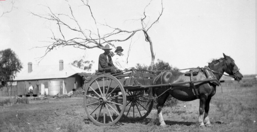 '1920sC. Reg Telfer and his mother Agnes Telfer (nee Kay), horse Bandy and Reg's Monash home in the background. Reg was a WW1 soldier settler at Monash, S.A. where he took up a fruit growing property. Prior to the war he'd lived at Broken Hill with his family. He wasn't an accomplished horse man, only learning to use them after the war, but he was always an animal lover.'