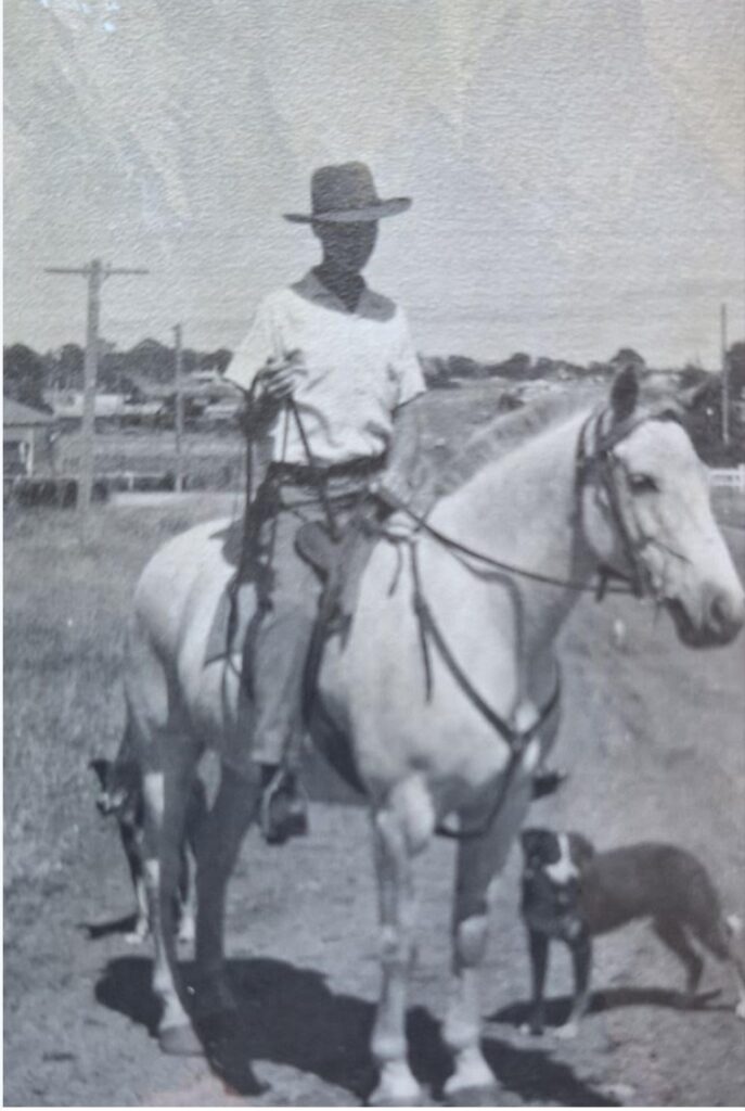 Drover Jim Kirkwood on his horse Smoky, approx 1968 in Glen Innes NSW, Graham Mason supplied photo