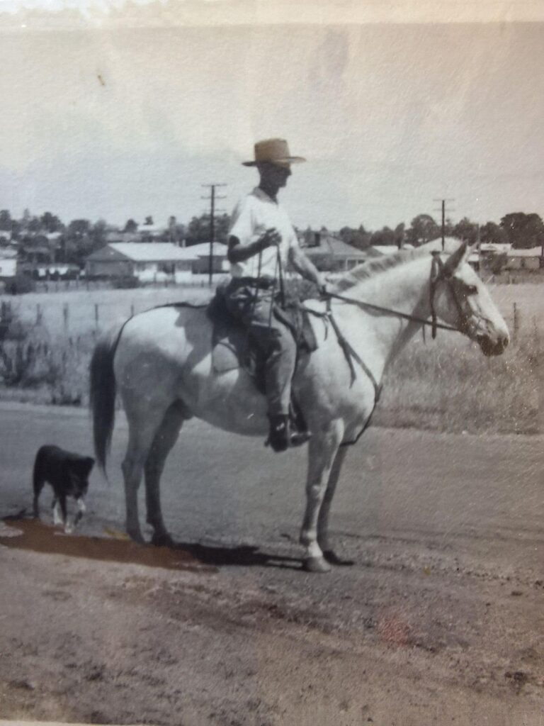 Drover Jim Kirkwood on his horse Smoky, approx 1968 in Glen Innes NSW, Graham Mason supplied photo