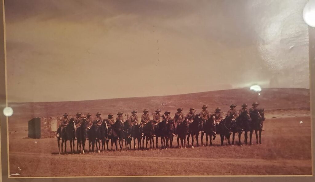 One of soldier settlers dwellings behind a line of the " 4th Lighthorse Regiment " in Palestine Actually Hawker SA 1986 !We were proud and honoured to portray those men