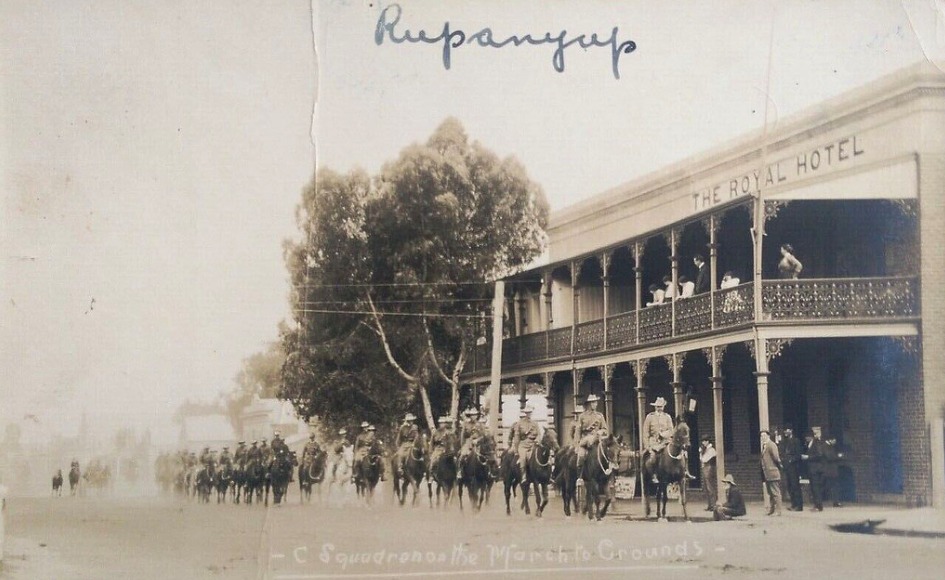 'Australian Light Horse on the march in Rupanyup, Victoria
C Squadron on the march to Grounds. Could be pre World War One and possibly the 1913 Light Horse camp:...'

Aussie~mobs on Flickr, photo is a postcard.