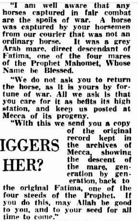 Smith's Weekly (Sydney), 18th January, 1941. Article about the mare written from an interview with Chauvel when he visited W.A. This is the letter written by the Chief Officer at Mecca to Chauvel.