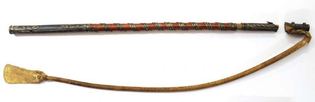'Leather whip with silver handle and decoration which appears to be acid-etched and engraved giving the design an intaglio finish.' Museum W.A. ... the whip carried by the mare's rider, who refusing to surrender, was shot