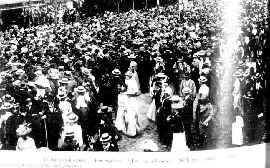 "Let 'em all come, we'll get through." As Price and men arrived home, their march was slowed by crowds who proved too much for the mounted police. Nonetheless, slowed and mobbed, they got through. Punch, 6th December 1900