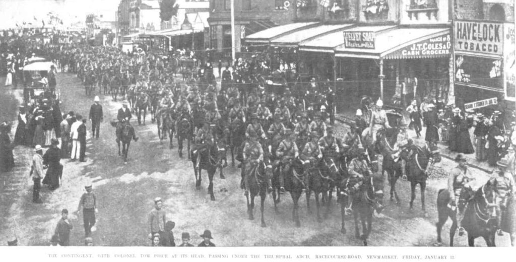Colonel Tom Price at the head of the 2nd Victorian Contingent, Racecourse Road, Newmarket. Australasian 20th January 1900