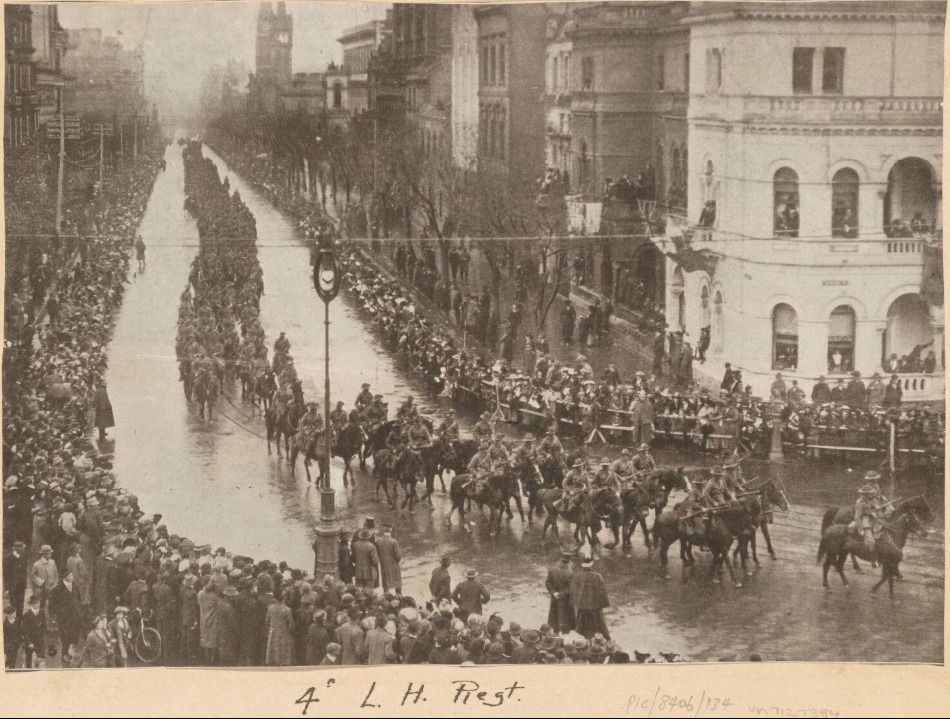 'Australian Imperial Force 4th Light Horse Regiment marching down Bourke Street, Melbourne, Friday 25th September 1914.' National Library of Australia.