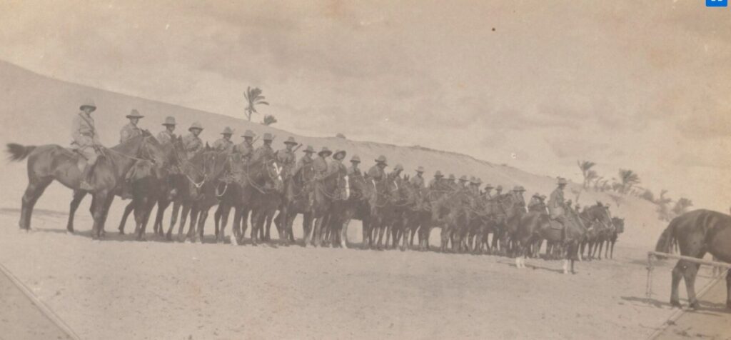 'Soldiers from the 4th Light Horse Regiment on horseback in a line, Egypt, approximately 1915.' National Library Aust. W.A.S. Dunlop Collection of photographs