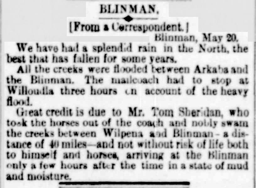 South Australian Register, 24th May, 1867 Several accounts over the years of the skills of coachman negotiating the way in times of flooded creeks,