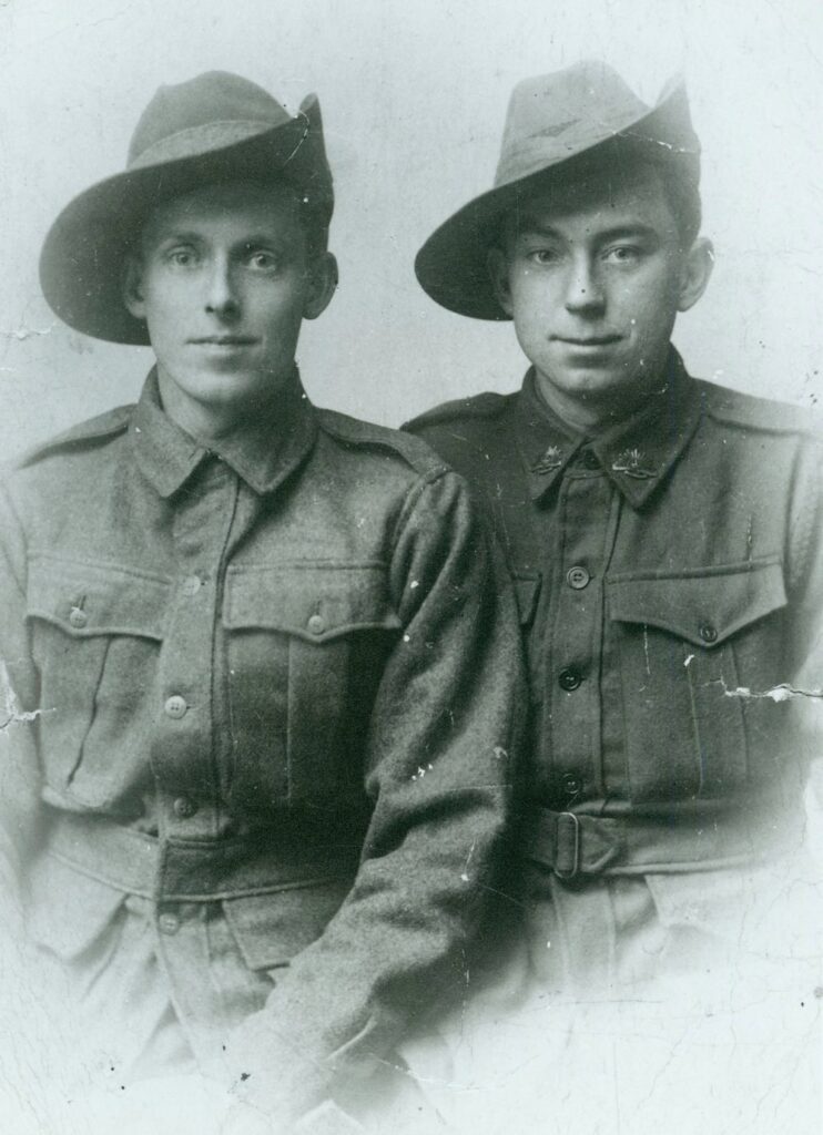 'Bob and Arthur Larkin. 1916. Arthur Larkin was Olga Johnson's father. He married Olive Ware in 1923 when he returned from the war. He drove a team of horses building roads on the Northern Beaches.' Northern Beaches Council, Library Services Think both were infantry, someone may know please. Robert lost a leg in the war, undaunted he started up a car hire service after he returned home.