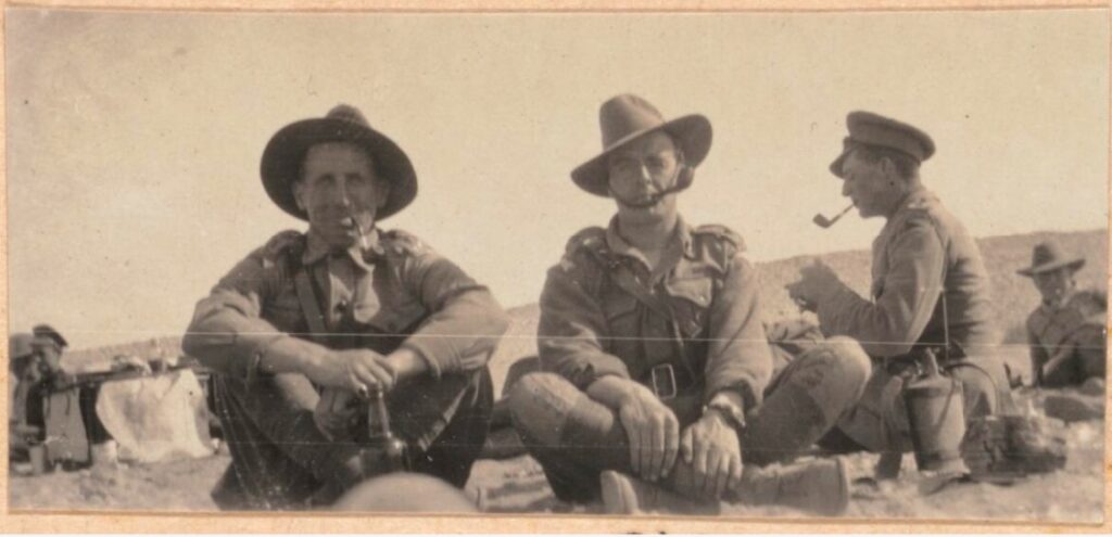 'W.A.S. Dunlop, Bill Coleman and Stan Hindhaugh of the 4th Light Horse Regiment at Mena Camp near Cairo, Egypt, approximately 1915.' National Library Aust W.A.S. Dunlop photo collection