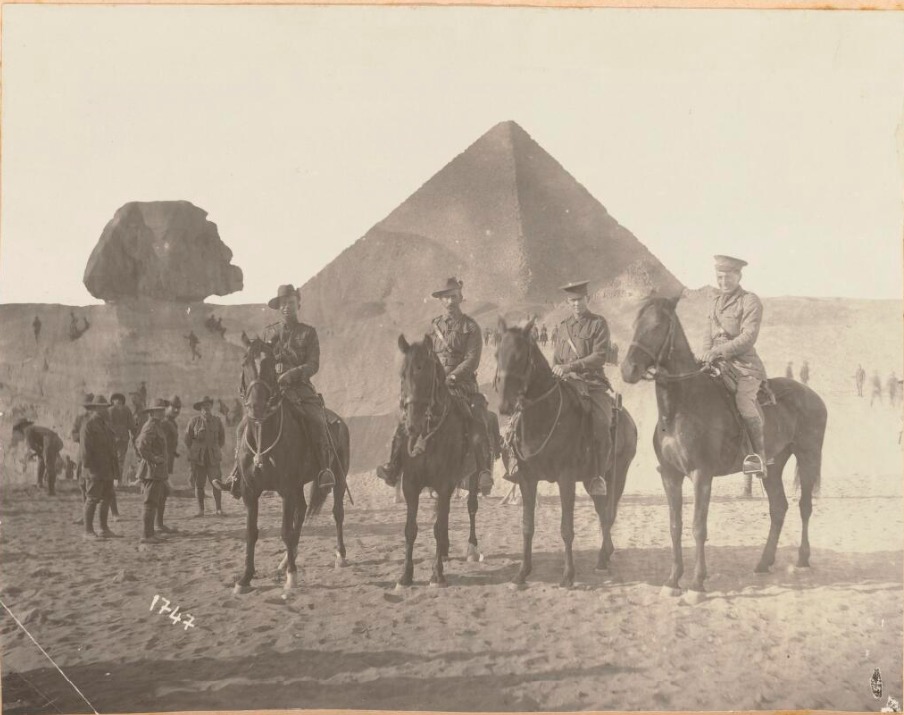 'W.A.S. Dunlop and three other soldiers from the 4th Light Horse Brigade at Giza, Egypt, approximately 1915.' National Library Aust. W.A.S. Dunlop photo collection.