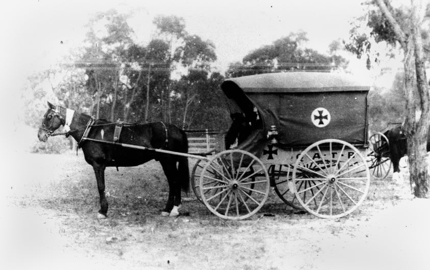 'Horse-drawn ambulance at Stanthorpe, ca. 1913. First transport for the Stanthorpe Q.A.T.B. which was founded in 1913. Mr C. F. White of Pikedale donated the horse, and local member of parliament, Hon. Costello, provided the buggy.' State Library Qld