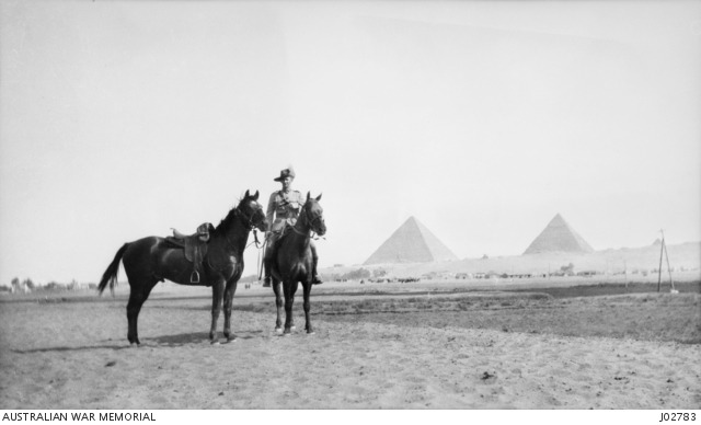 'LIEUT. CARTHEW 8TH LIGHT HORSE REGIMENT, HOLDING MAJOR ARCHIBALD MCLAURIN'S HORSE, NEAR MENA CAMP, EGYPT...' AWM