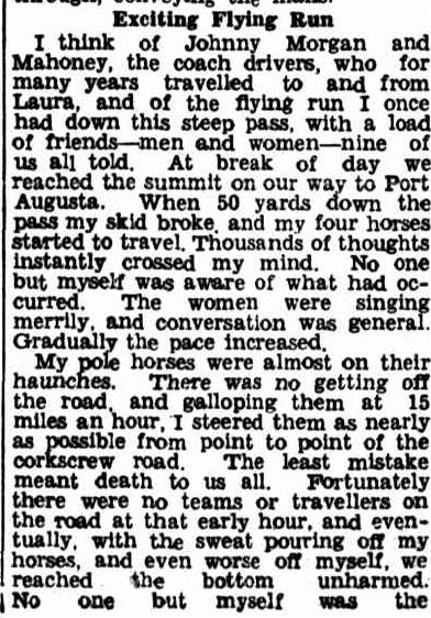 Chronicle, 10th May 1934, from an article of memories of Blinman, by Norman A. Richardson; obviously these coach drivers worked on several runs. Laura had big horse sales for years.