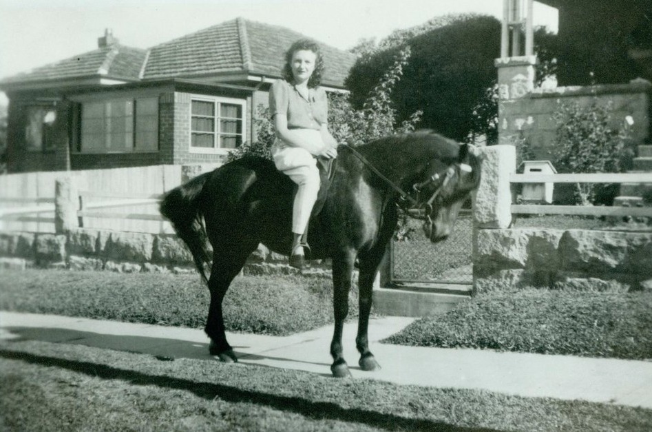 'Olga Larkin on horse outside 20 Wetherill Street, Narrabeen. 1946. Olga Larkin (married name Johnson) on her horse outside their home at 20 (then 28) Wetherill Street, Narrabeen. Olga was the daughter of Arthur and Olive Larkin. Arthur Larkin ran a team of horses involved in road building. Olga passed away in 2009.' Northern Beaches Council, Library Services It was Olga who kindly donated many family photos to the local library, for all to enjoy