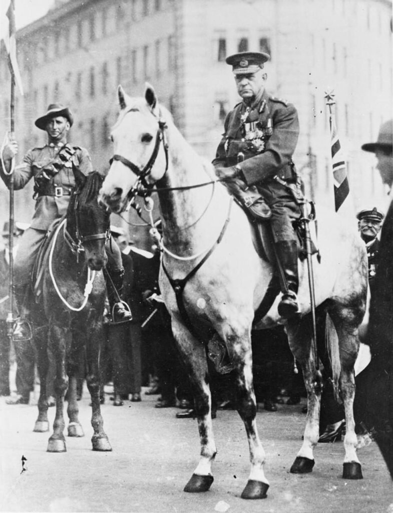 General Sir John Monash leading the parade for the 1931 Anzac Day march in Melbourne.' National Archives of Australia.