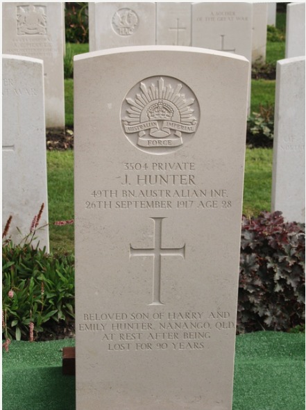 'The headstone of 3504 Private (Pte) John Hunter, 49th Battalion of Nanango, Qld, at Buttes Military Cemetery, Zonnebeke, Belgium...' AWM