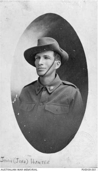 'Studio portrait of 3504 Private (Pte) John Hunter, 9th Reinforcements, 49th Battalion, of Nanango, Qld. A timber -getter prior to enlistment, Pte Hunter embarked from Sydney on HMAT Ayrshire on 24 January 1917. He was killed in action at Ypres on 26 September 1917. The bodies of five Australian soldiers were discovered in 2006 during a pipeline excavation near Westhoek, Belgium. The Australian Government and Australian Army History Unit worked with Belgian authorities to identify the remains. Two of the soldiers - 1868 Sergeant George Calder, 51st Battalion, and Private John Hunter were identified in 2007 through DNA analysis. A third soldier, 2488 Private George Richard Storey, was identified from further DNA testing in 2008. All five were interred at Buttes New British Military Cemetery, Polygon Wood, Belgium.'