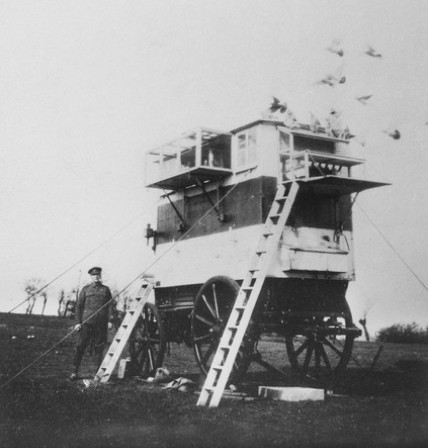 'St. Gratien, France, 1918. A mobile pigeon loft probably operated by the 2nd Divisional Signals Company, 1st AIF, standing in a field northeast of Amiens. A member of the unit is standing beside the loft at left, while at right a number of pigeons are taking to the air above the vehicle. The loft was used to house and transport carrier pigeons.' AWM These pigeon lofts were horse drawn. Most were made from omnibuses.