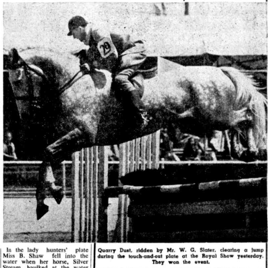 'Quarry Dust, ridden by W.G. Slater, clearing a jump during the touch-and-out plate at the Royal Show yesterday. The won the event.'
West Australian, 7th October, 1954.
Perth Royal Show.
