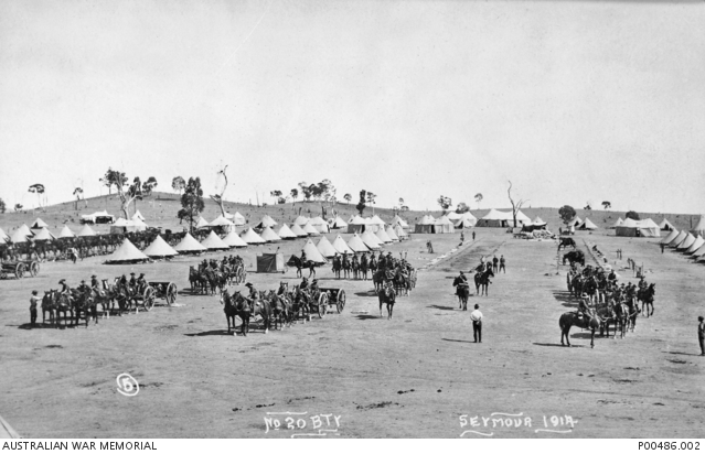 20th Battery, AIF at a training encampment, showing tent and horse lines, Seymour Victoria AWM
