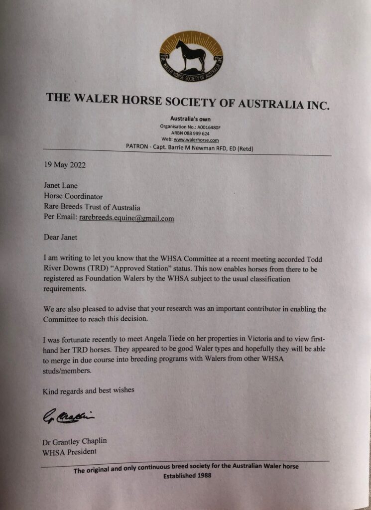 WHSA Letter to Janet Lane May 2022 advising acceptance of TRD horses for registration consideration