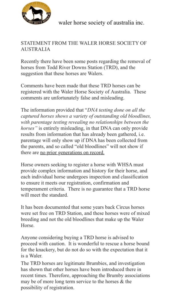 WHSA Facebook statement re TRD, 10 February 2026
