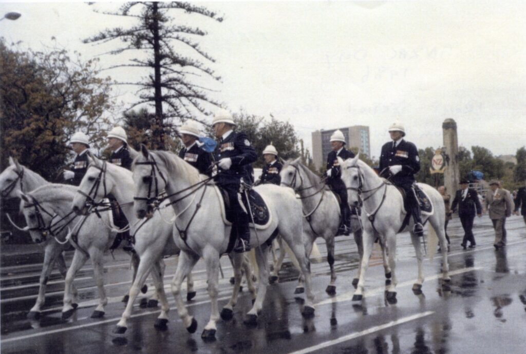 'ANZAC Day 1986 - retired police servicemen. Front Left to Right:
1. Tom Howie
2. Jack Cawley
3. Noel Smith
4. Alf Menz
Rear Left to Right:
1. John Walker
2. Tom Flynn
3. Jesse Jones
4. Jack Menz.'
Richard Mails photo.