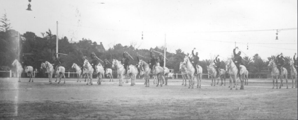 'Members of the South Australian Mounted Police demonstrating sabre exercises whilst riding their greys during a parade at the Adelaide Parade Ground. c. 1920.'' State Library S.A.
