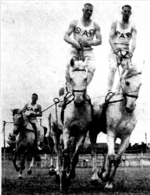 'Police display at Hindmarsh. South Australian mounted police gave a thrilling display of horsemanship at the Hindmarch horses-in-action show at the Hindmarch Show this afternoon. Two of the riders standing in their saddle while their mounts gallop.' The Mail, 29th October 1938.